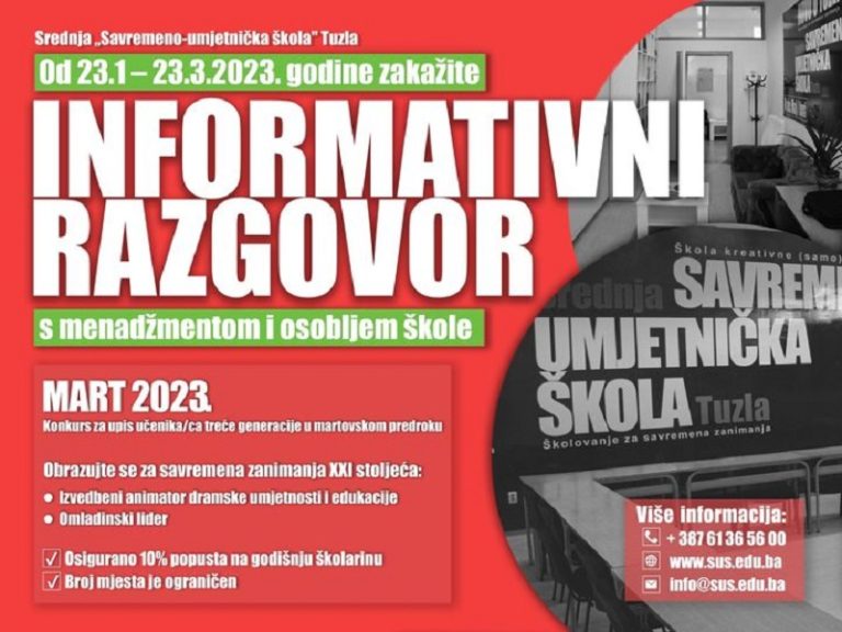 Savremeno-umjetnička škola Tuzla: Konkurs za upis učenika/ca u prvi razred u martovskom predroku