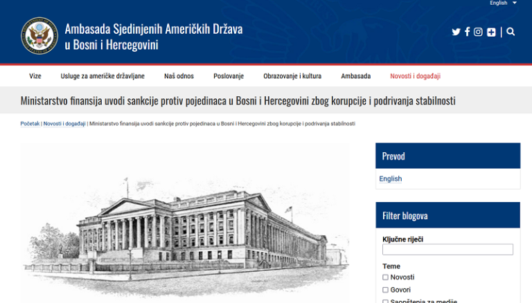 Ministarstvo finansija uvodi sankcije protiv pojedinaca u BiH zbog korupcije i podrivanja stabilnosti