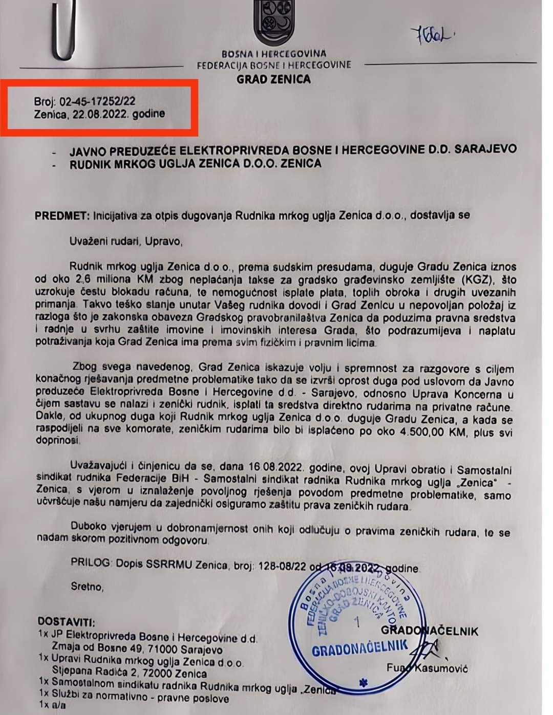 Oglasio se gradonačelnik Zenice povodom situacije sa rudarima