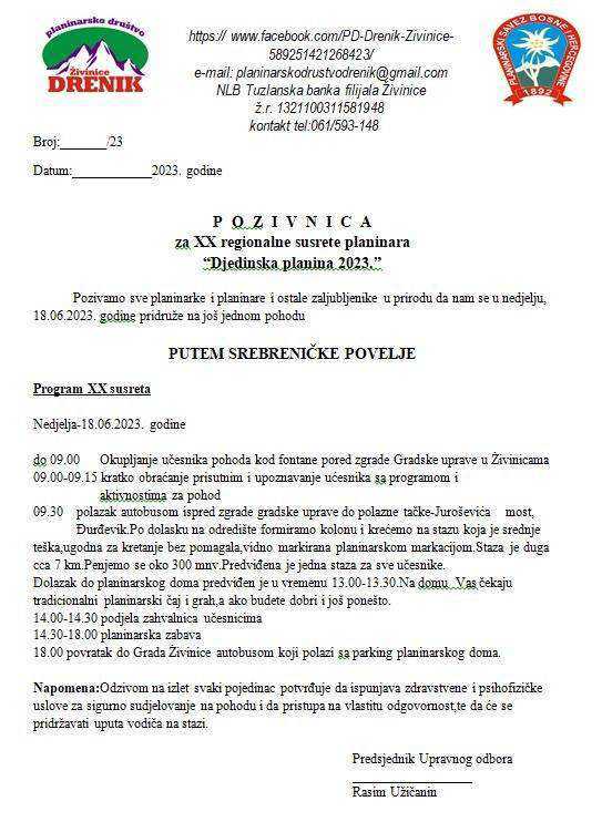 U nedjelju 20. regionalni susreti planinara “Djedinska planina 2023.”