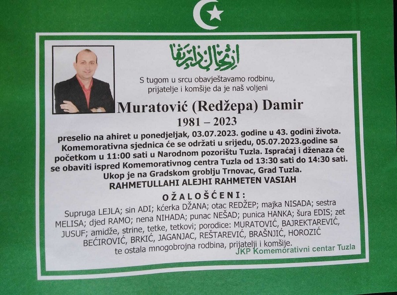 Sutra komemoracija i ukop Damira Muratovića