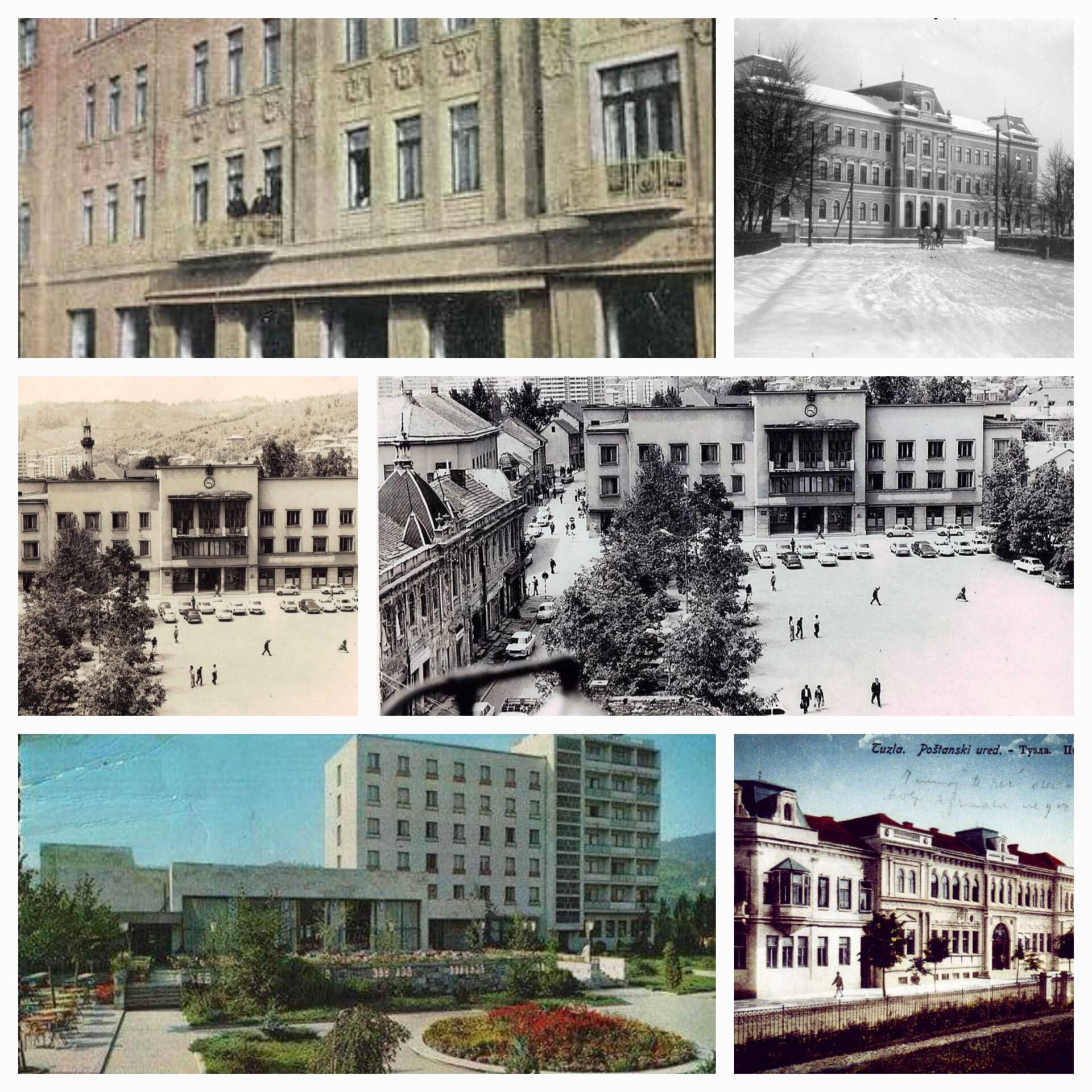 KOLAZ STARE FOTOGRAFIJE TUZLE Kolaž fotografija koje prikazuju stare objekte u Tuzli koji su zbog tonjenja tla porušeni.