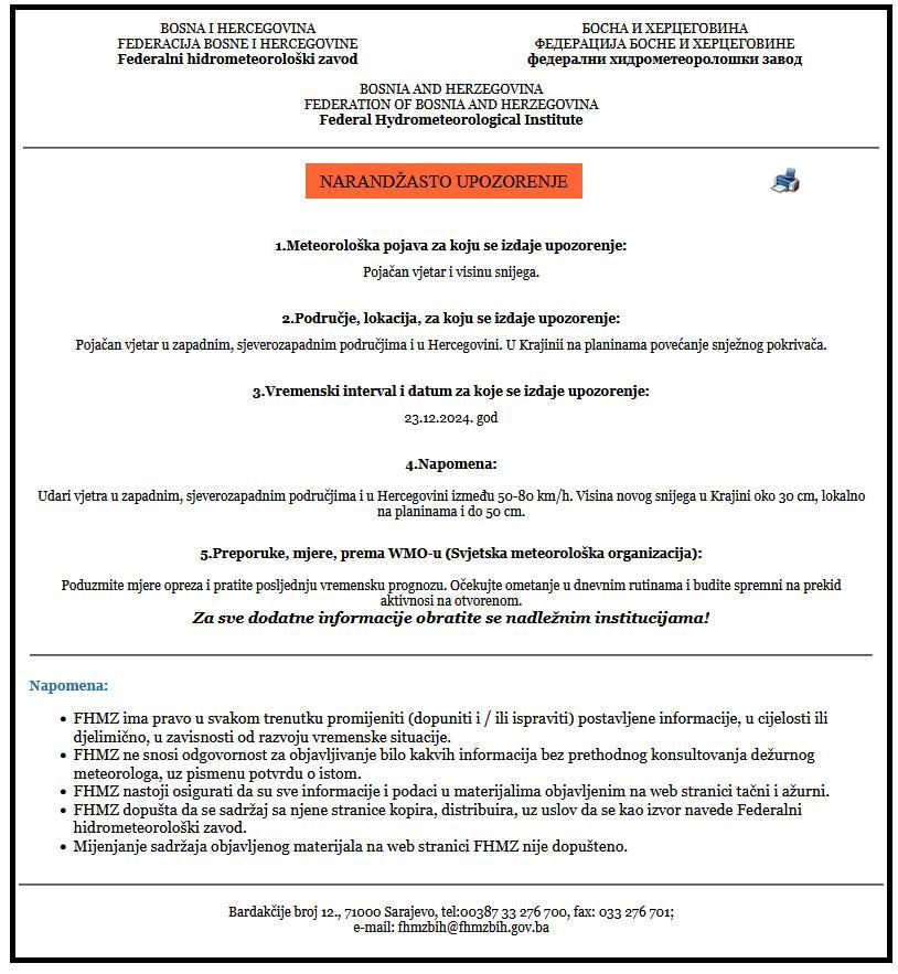 FHMZ 22.12 obilne količine snijega