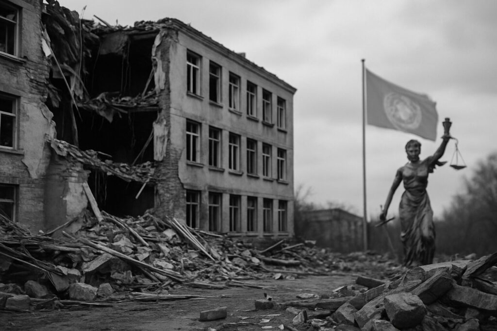 Ruševine zgrade sa simbolima međunarodnog prava u pozadini. Antifašizam. Dan pobjede. Međunarodno pravo. Rat u Ukrajini. Rat u Gazi. UN. Dan Evrope. Dan zlatnih ljiljana. 80 godina pobjede nad fašizmom.