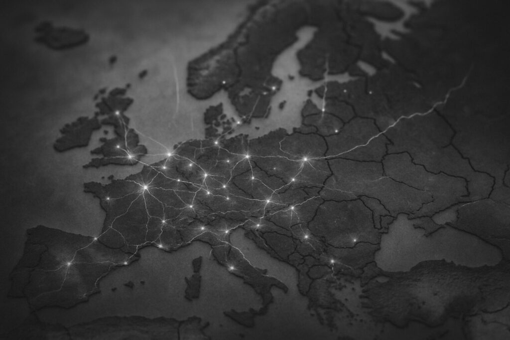 Mapa Evrope sa svjetlosnim linijama i pukotinama koje simbolizuju podjele. Deveti maj. Dan pobjede. Antifašizam. Dan Evrope. Dan zlatnih ljiljana. Podjeljeni svijet. 80 godina pobjede nad fašizmom.