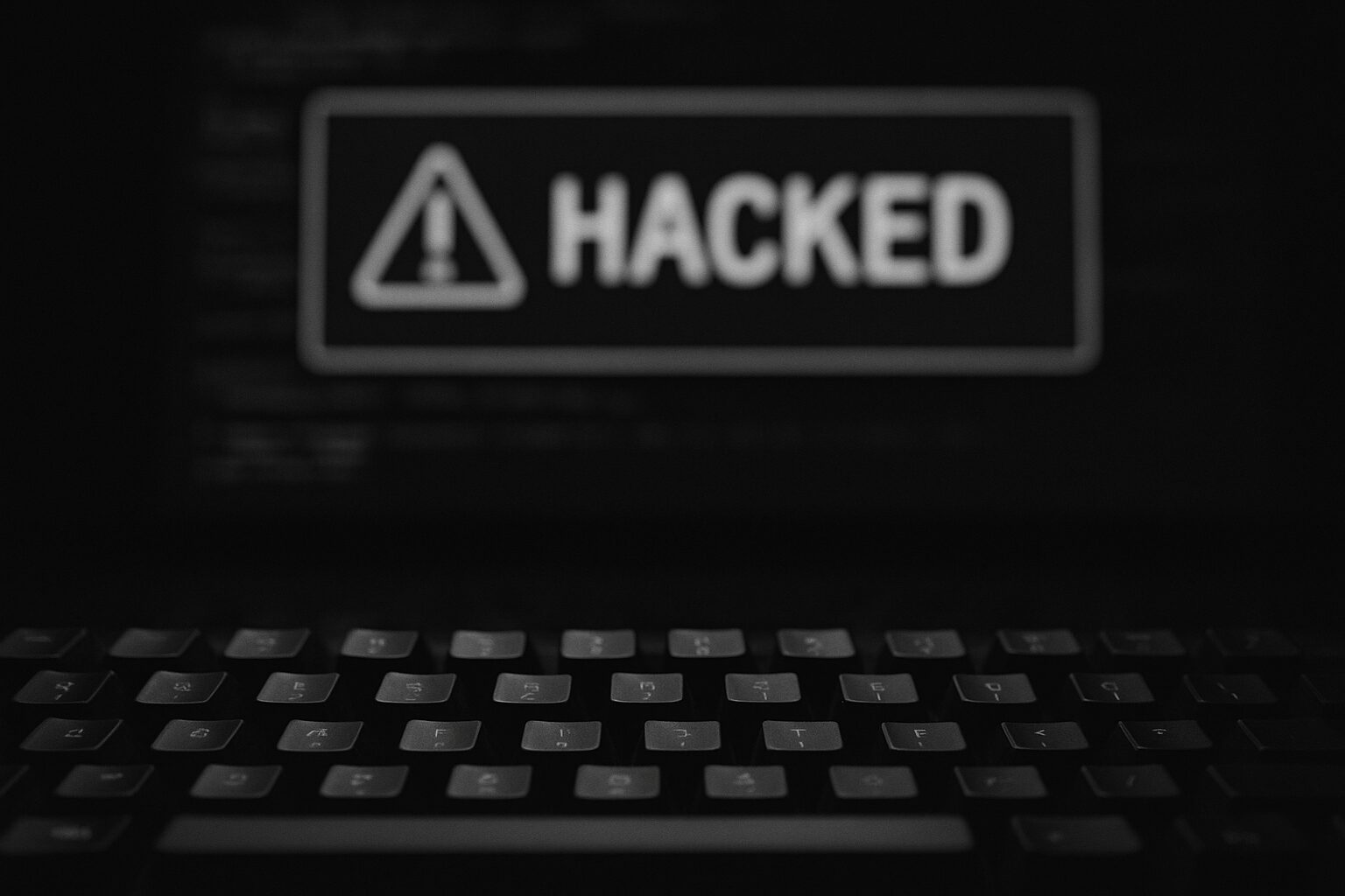 antifašizam sajber rat hakeri Tastatura računara ispred ekrana sa upozorenjem o hakiranju. Dan pobjede. Antifašizam. Moderno ratovanje. Dan Evrope. Dan zlatnih ljiljana. 80 godina pobjede nad fašizmom.