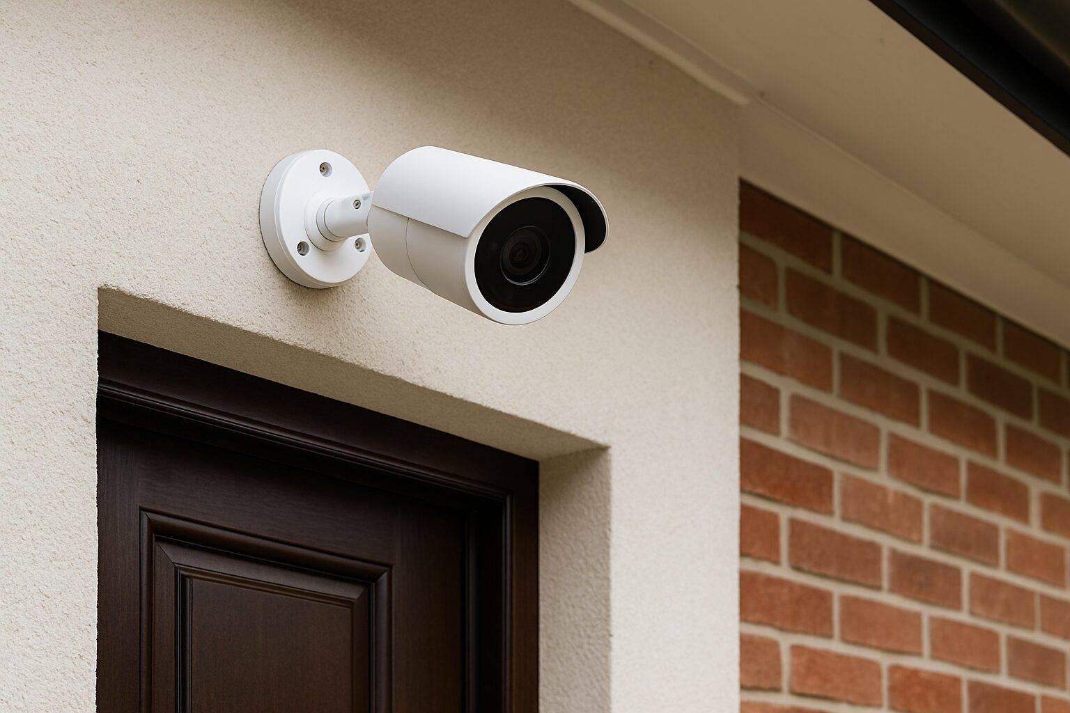 Moderna bijela sigurnosna kamera montirana iznad tamnih drvenih ulaznih vrata, simbolizira tehničku zaštitu doma od provale. zaštititi stan, video nadzor. provale 1.maj. godišnji odmor. putovanja. osiguravanje imovine./ U BiH više od 5.600 nadzornih kamera bez zaštite prenosi snimke na internet