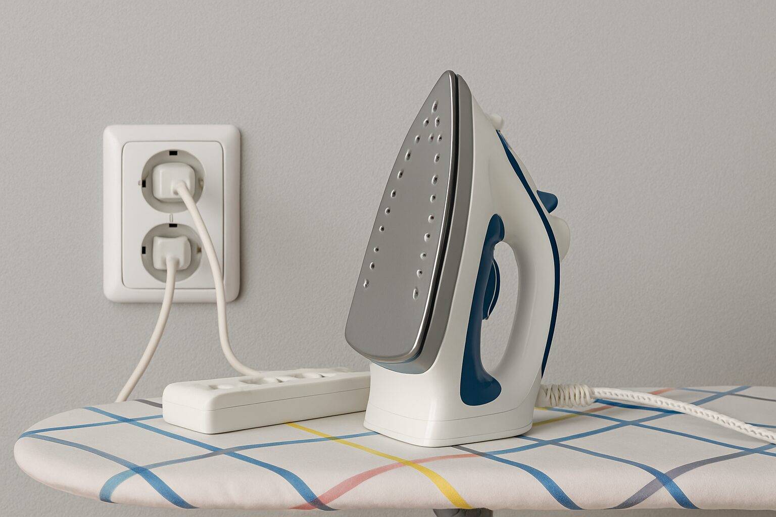 pegla i produžni kablovi Isključena pegla i kablovi kućanskih aparata priključeni u zidnu utičnicu, prikazani kao podsjetnik na važnost sigurnosti prije odlaska na put. zaštititi stan. osiguranje imovine. produženi vikend. godišnji odmor. Provale 1. maj.