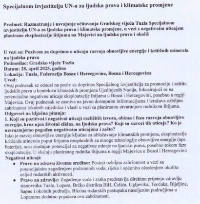 Tuzla upozorava UN na prijetnje ljudskim pravima zbog planirane eksploatacije litijuma