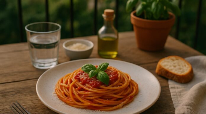 Tanjir špageta u paradajz sosu sa svježim bosiljkom na drvenom stolu na balkonu, uz čašu vode, krišku hljeba i maslinovo ulje u pozadini, sos, tjestenina, Italijanska kuhinja