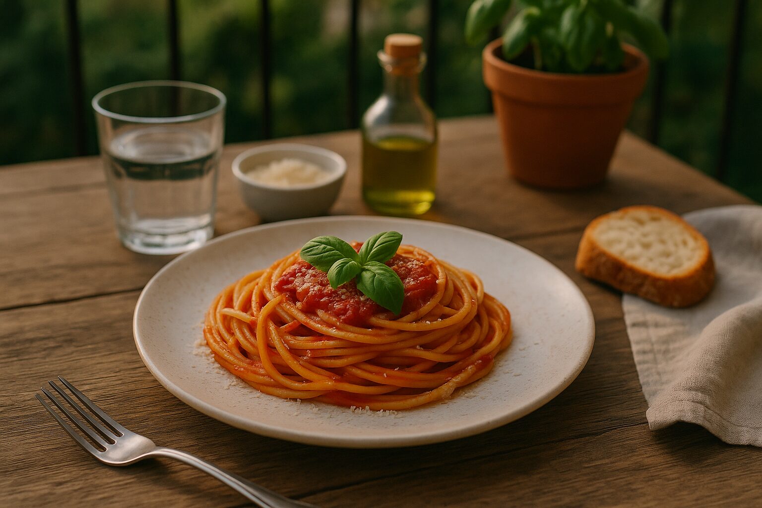 Tanjir špageta u paradajz sosu sa svježim bosiljkom na drvenom stolu na balkonu, uz čašu vode, krišku hljeba i maslinovo ulje u pozadini, sos, tjestenina, Italijanska kuhinja