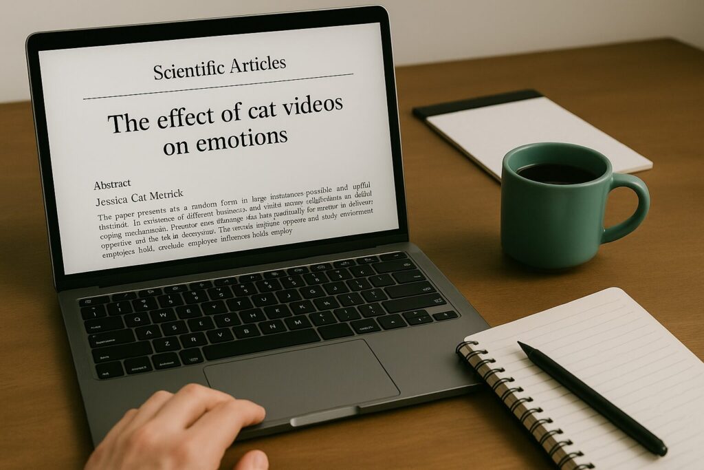 Laptop na stolu prikazuje naučni članak o utjecaju snimaka mačaka na emocije, uz kafu i bilježnicu, snimci mačaka, mačke, mačka, emocije