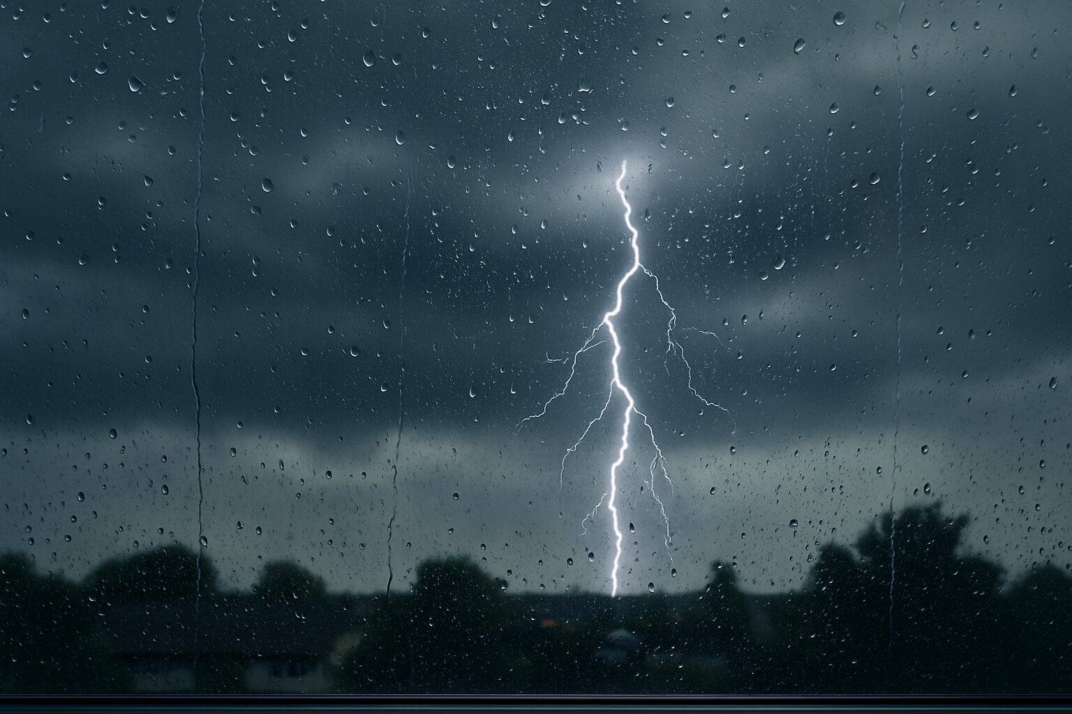 nevrijeme i munja Nevrijeme, Bljesak groma kroz prozor prekriven kapima kiše tokom olujnog dana.