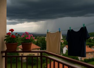 nevrijeme, Balkon sa cvijećem i sušećim vešom dok se u daljini vidi olujno nebo, oluja