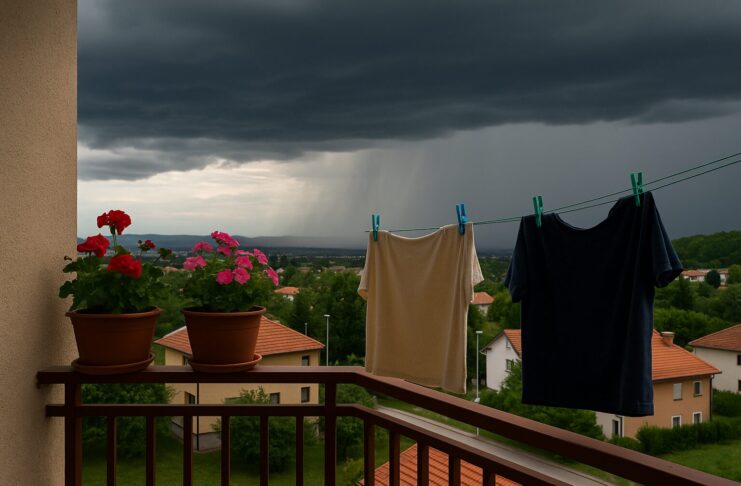 nevrijeme, Balkon sa cvijećem i sušećim vešom dok se u daljini vidi olujno nebo
