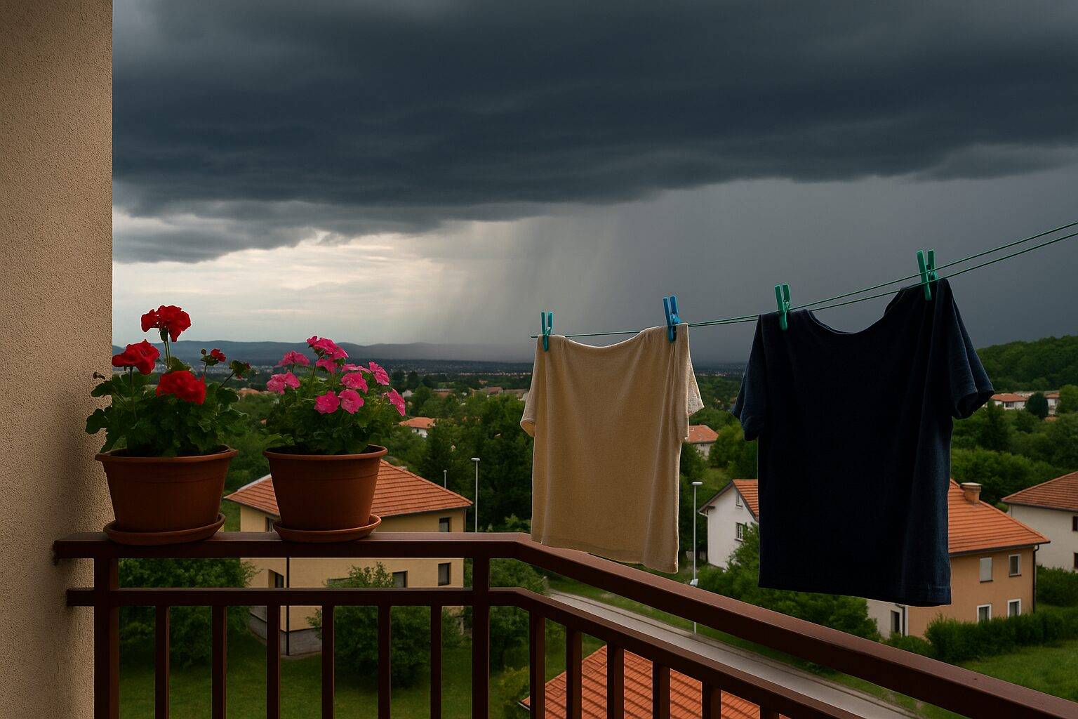nevrijeme, Balkon sa cvijećem i sušećim vešom dok se u daljini vidi olujno nebo