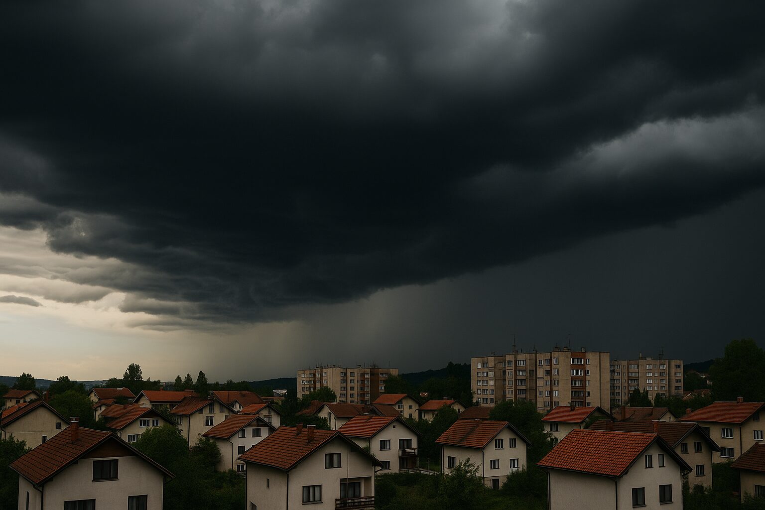 nevrijeme nevrijeme, tamni oblaci nad porodičnim kućama u naselju pred oluju