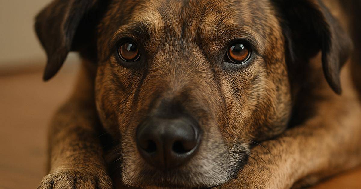 pas naslovna Bliski portret psa s tigrastim krznom koji leži na podu i gleda u kameru s mirnim, izražajnim pogledom. Starost psa u ljudskim godinama