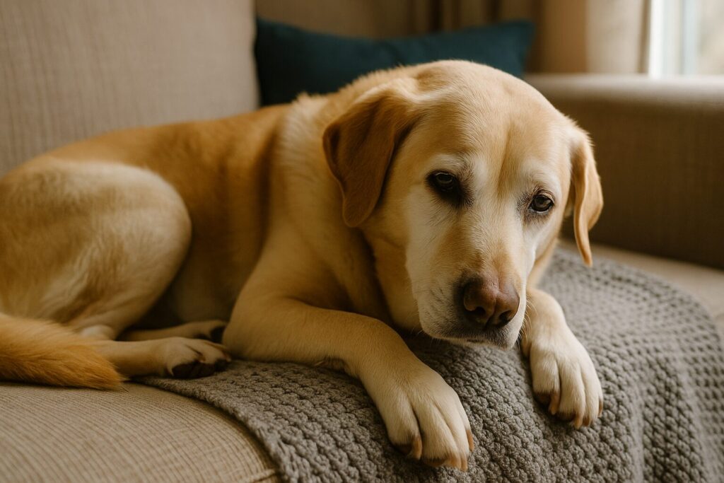Stariji labrador leži na tepihu u dnevnoj sobi, oslonjen na prednje šape, dok iz polusjene promatra prostor smirenim pogledom, starost psa u ljudskim godinama