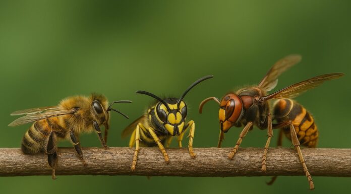 Pčele, ose i stršljeni: Šta smijemo, a šta nikako ne treba raditi? Pčele, ose i stršljeni. Realističan prikaz pčele, ose i stršljena, detalji izgleda i ponašanja ovih insekata na jednoj grani, korisno za prepoznavanje i izbjegavanje uboda.