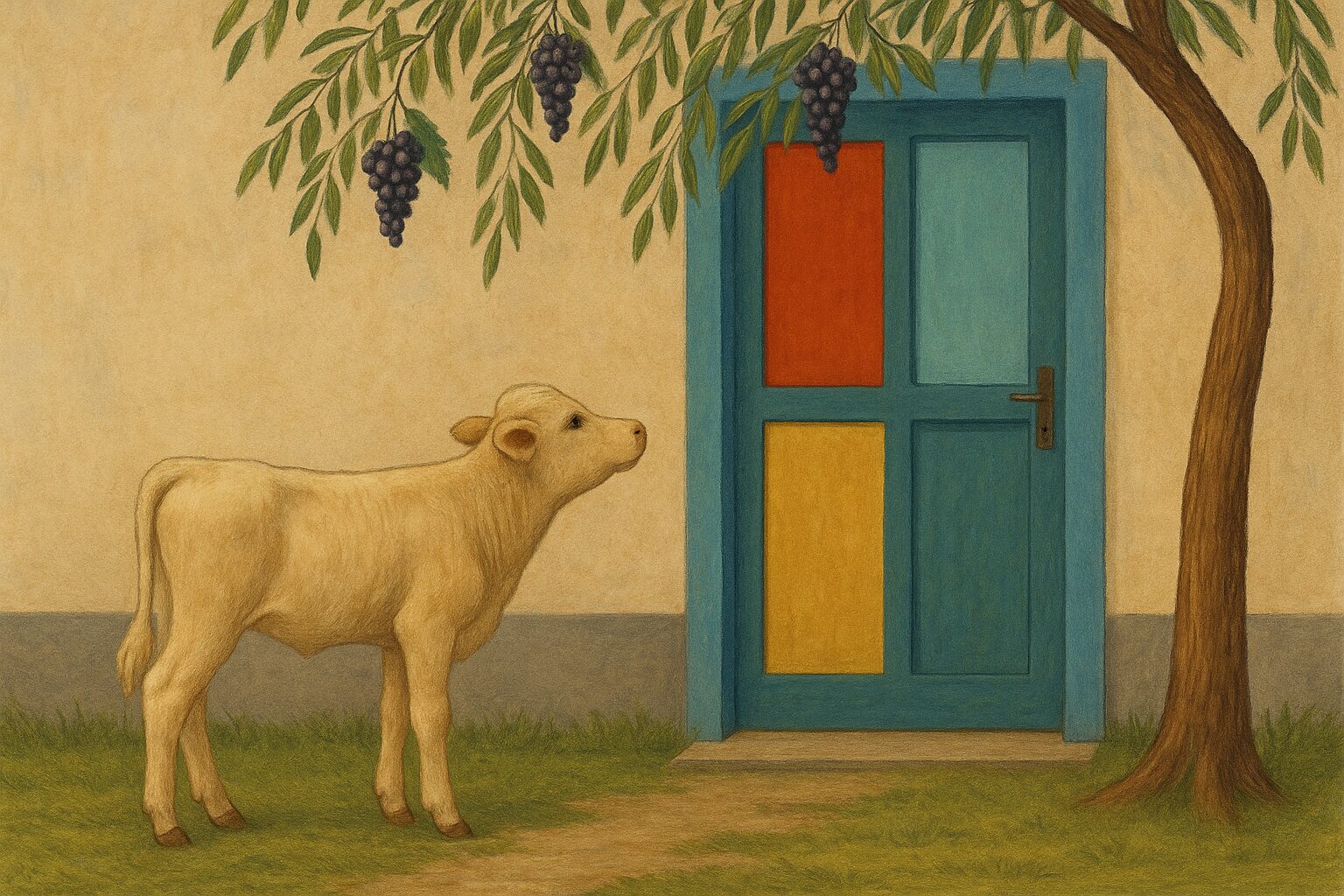 tele i šarena vrata i vrba i grožđe mamipare, tunguzija, šarena laža, balkanske fraze djetinjstva Tele stoji ispred šarenih vrata, dok iznad njega visi vrba s grozdovima – ilustracija izraza „bleji kao tele u šarena vrata“ i „kad na vrbi rodi grožđe“.