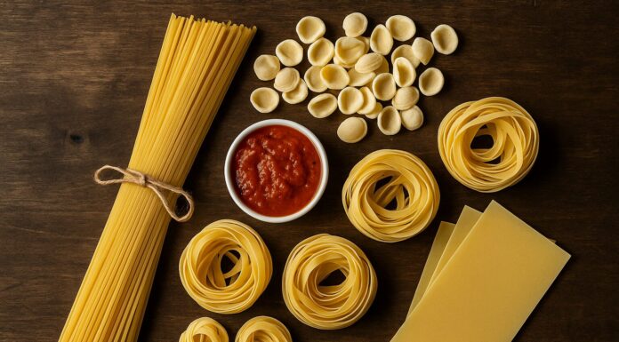 Različite vrste sirove tjestenine s paradajz sosom na drvenoj površini