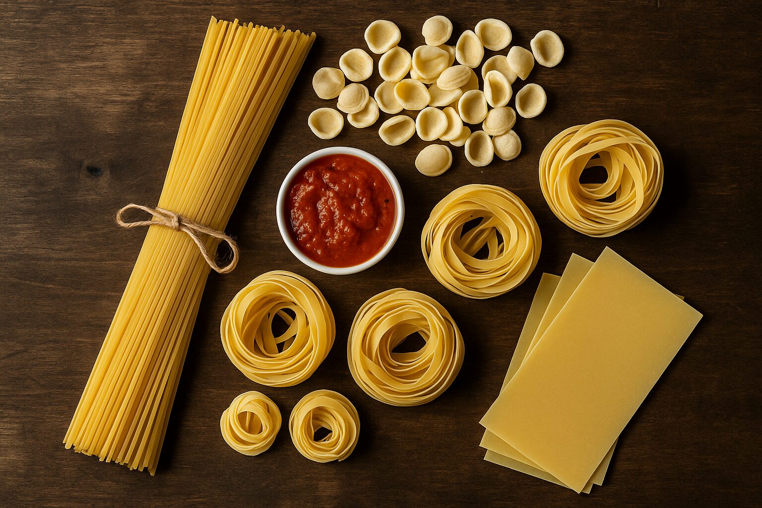 Različite vrste sirove tjestenine s paradajz sosom na drvenoj površini