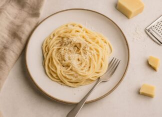 Tanjir špageta s kremastim Cacio e pepe sosom, naribanim sirom i svježe mljevenim biberom, uz komad tvrdog sira i metalnu rendalicu na svijetloj podlozi
