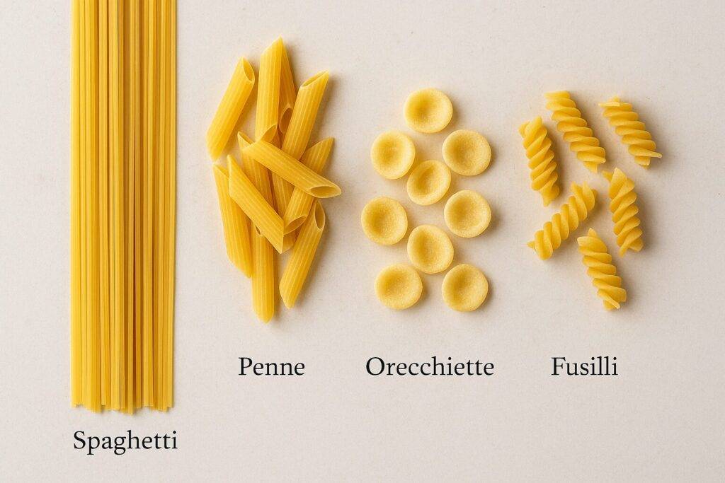 Tjestenina vrste, Četiri vrste tjestenine s natpisima: spaghetti, penne, orecchiette i fusilli