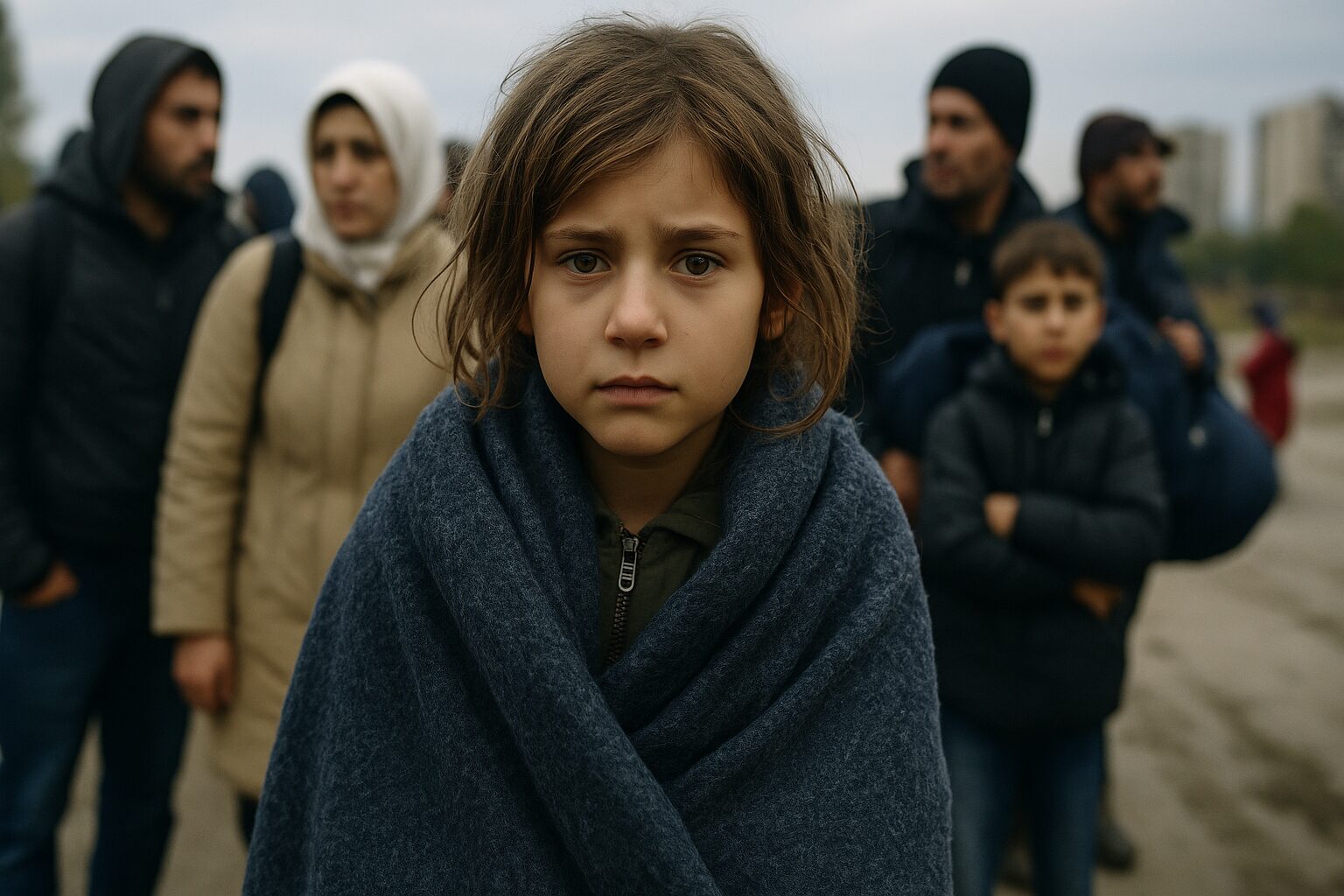 Izbjeglice Dijete Pogled Portret djevojčice izbjeglice s maramom, u izbjegličkom kampu, simbol Međunarodni dan izbjeglica.