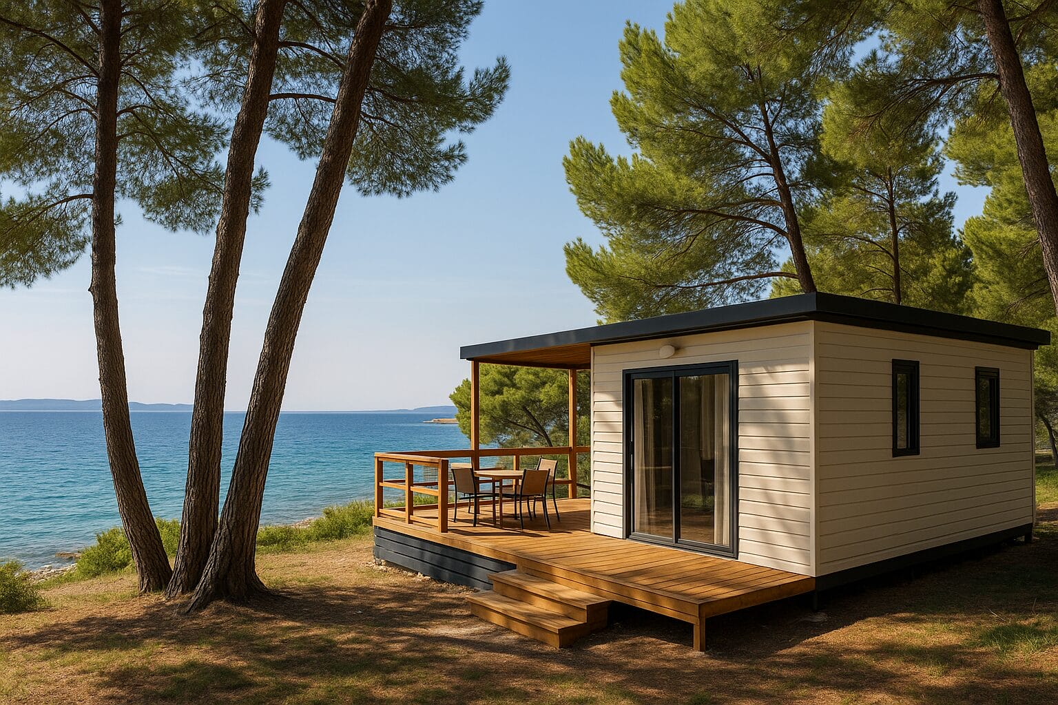 kampovanje ljeti, glamping hrvastka Mobilna kućica u borovoj šumi uz Jadransko more