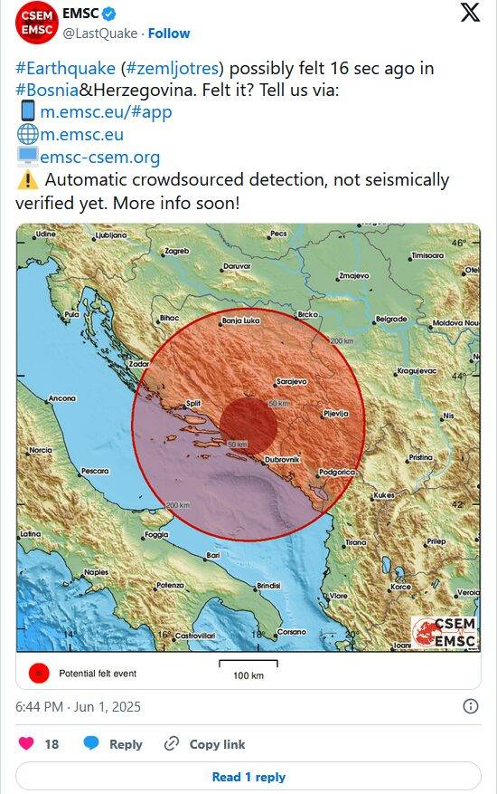 Zemljotres jačine 3,7 pogodio jug Hercegovine