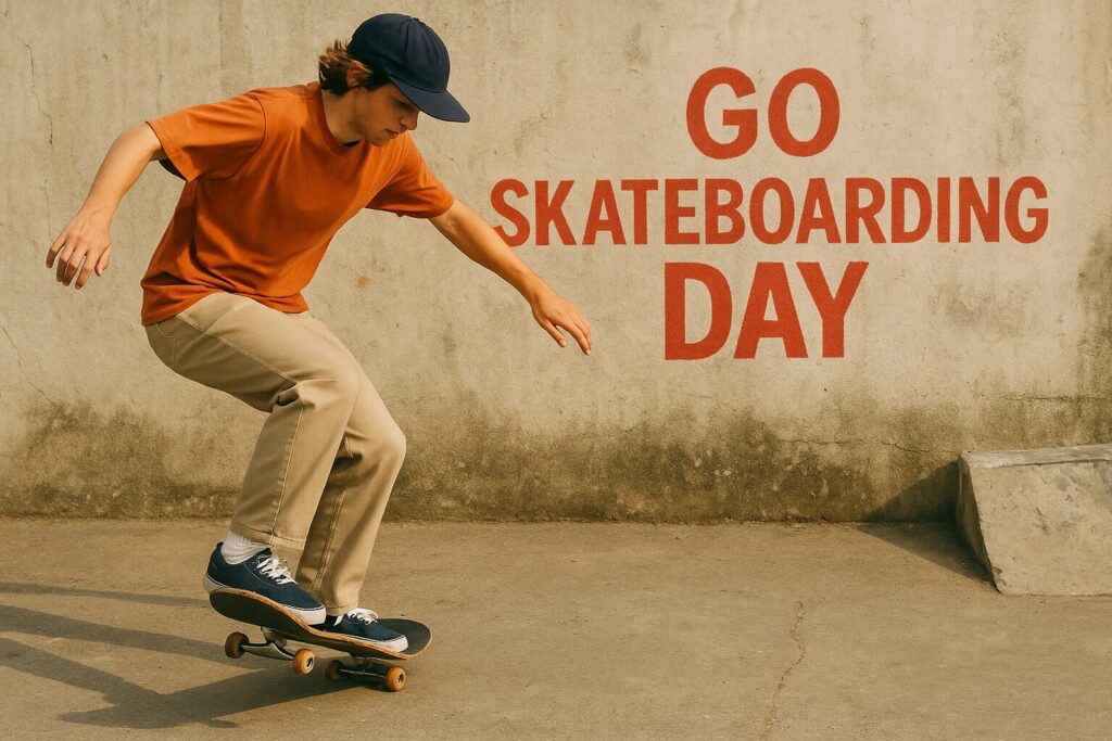 Skejter u pokretu u urbanom okruženju, sa zamućenom pozadinom i natpisom Go Skateboarding Day, prikaz ulične skejt bord energije.