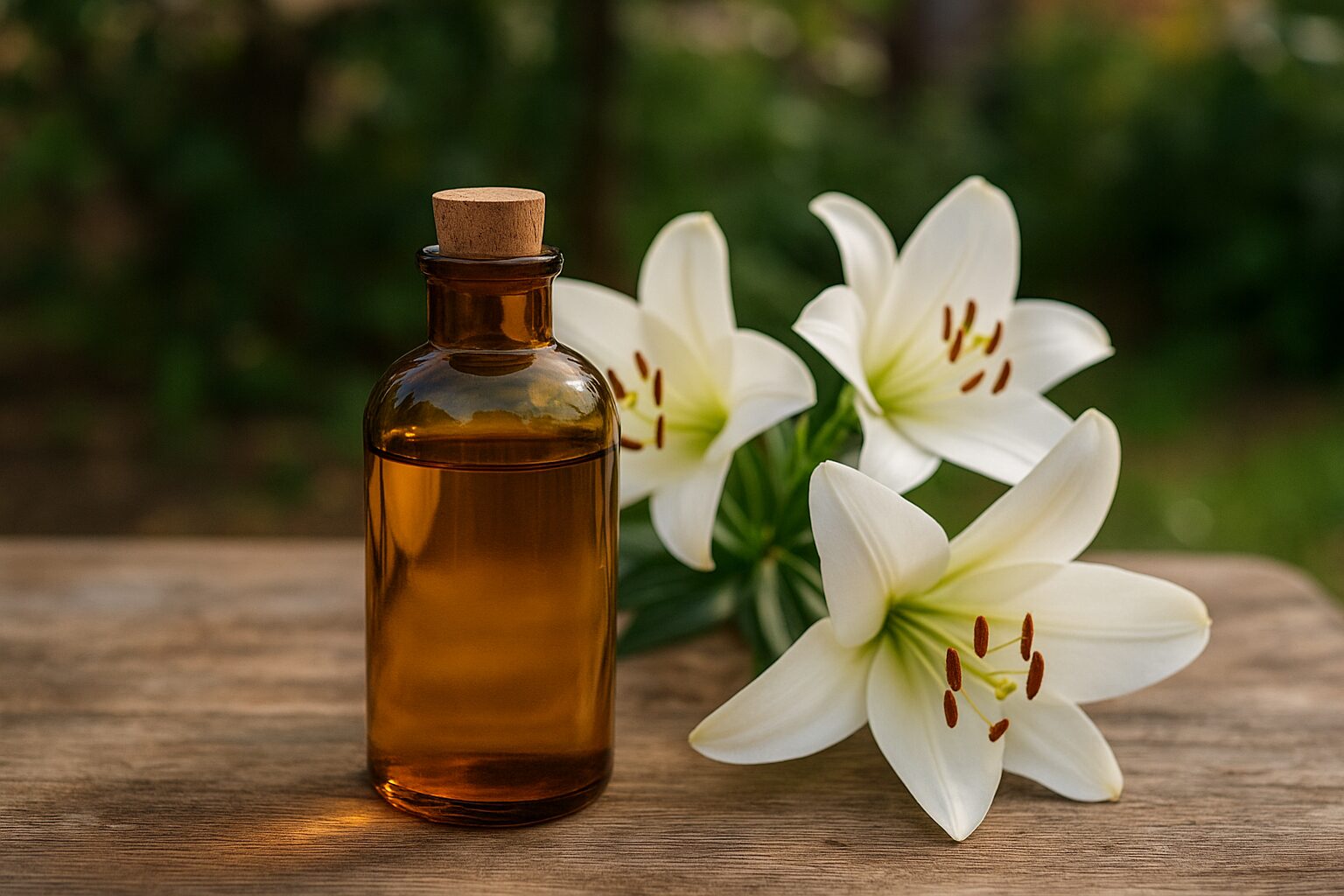 Zambakovo ulje ljeto Staklena bočica zambakovog ulja na drvenoj površini uz svježe bijele ljiljane