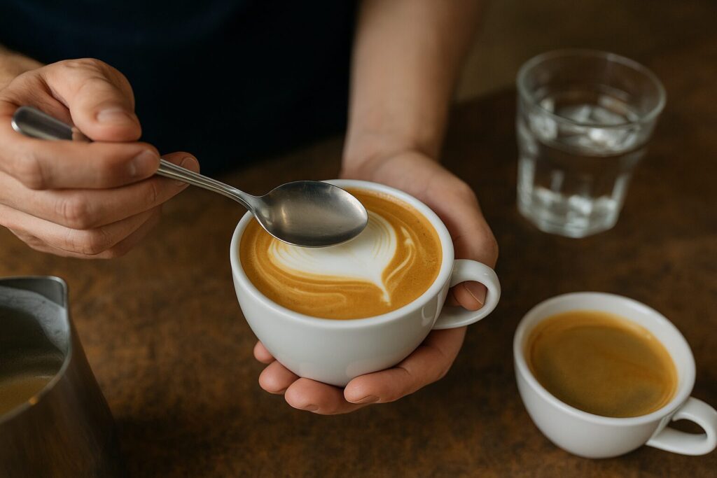 Barista testira pjenu kapućina kašičicom, uz šoljicu espresa i čašu vode na drvenoj površini
