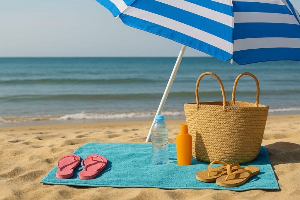 sigurno kupanje, Peškir, papuče, voda, krema i torba pod suncobranom na plaži – planiranje sigurnog dana pored vode.