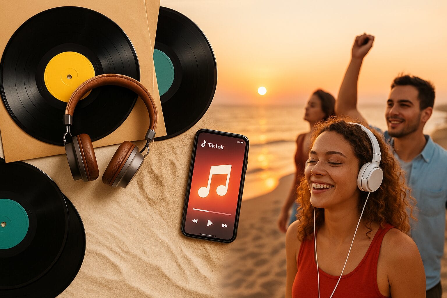 deset-bezvremenskih-hitova-koji-odisu-ljetom-naslovna Deset bezvremenskih hitova koji odišu ljetom – ilustracija vinila, slušalica i mladih ljudi na plaži u zalazak sunca