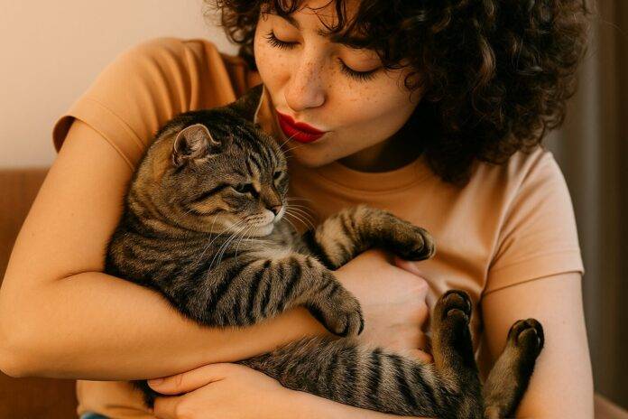 Hug your cat day, mačke, mačke i ljudi, Žena sa crvenim ružem nježno grli svoju tigrastu mačku u toplom ambijentu
