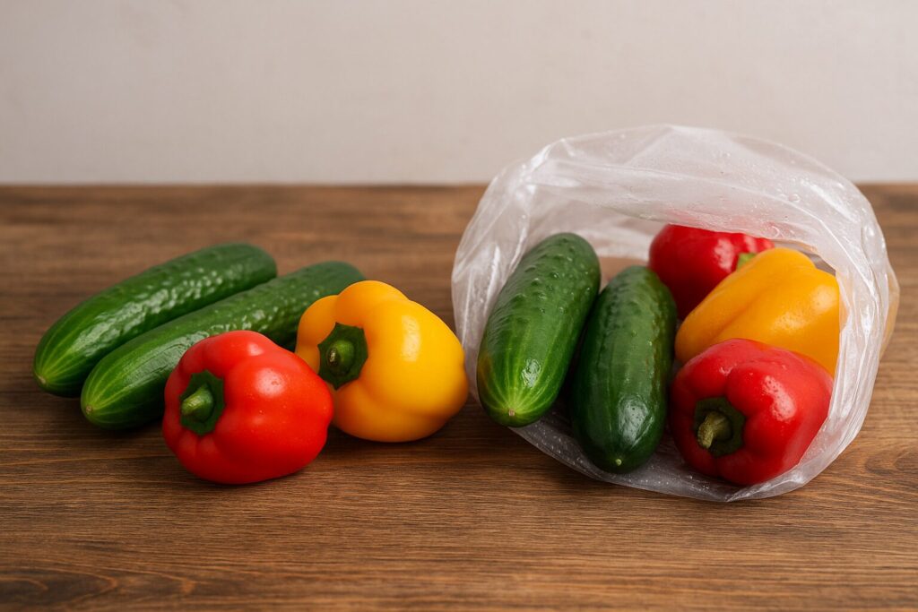 Krastavci i paprika na sobnoj temperaturi i u plastičnoj kesi iz frižidera – vizualna razlika u svježini