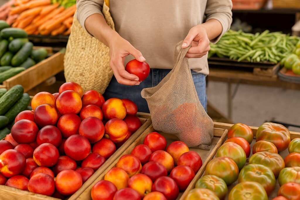 Biranje voća na pijaci – ruka kupca bira zrelu nektarinu i stavlja je u mrežastu vrećicu