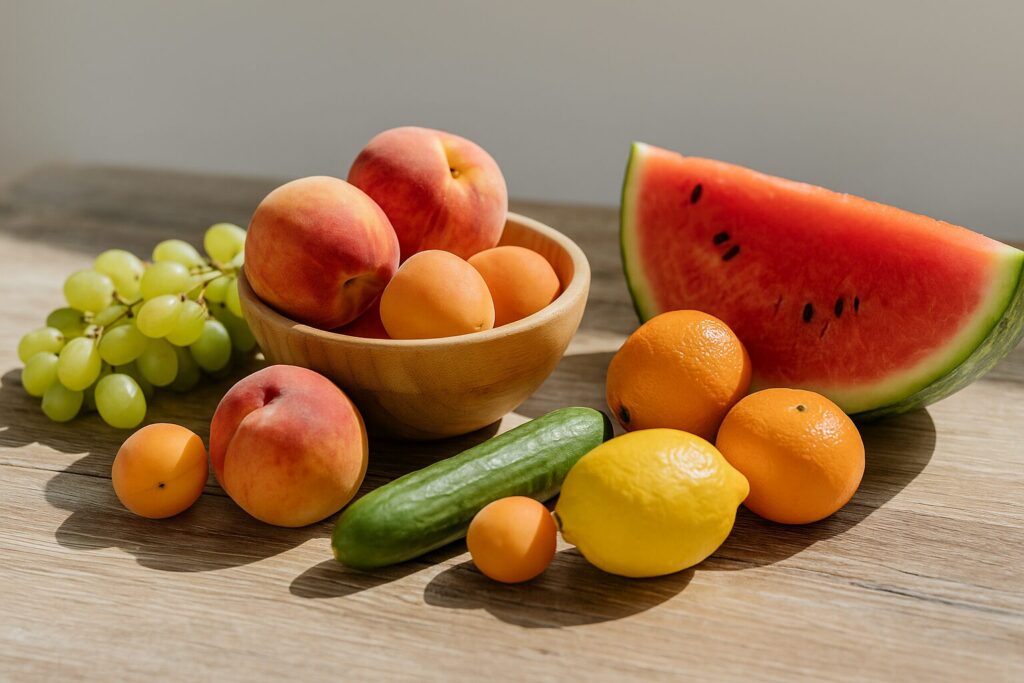 Ljetno voće i citrusi – breskve, kajsije, grožđe, lubenica, dinja, limun i narandže složeni na kuhinjskom stolu