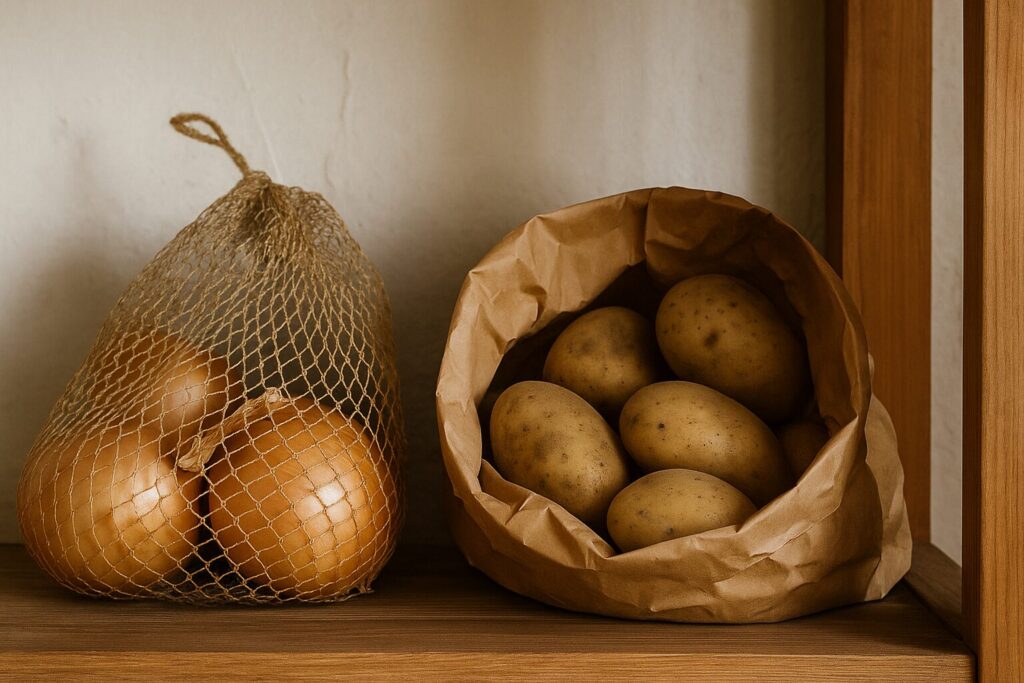 Luk u mrežastoj vrećici i krompir u papirnoj kesi na drvenoj polici