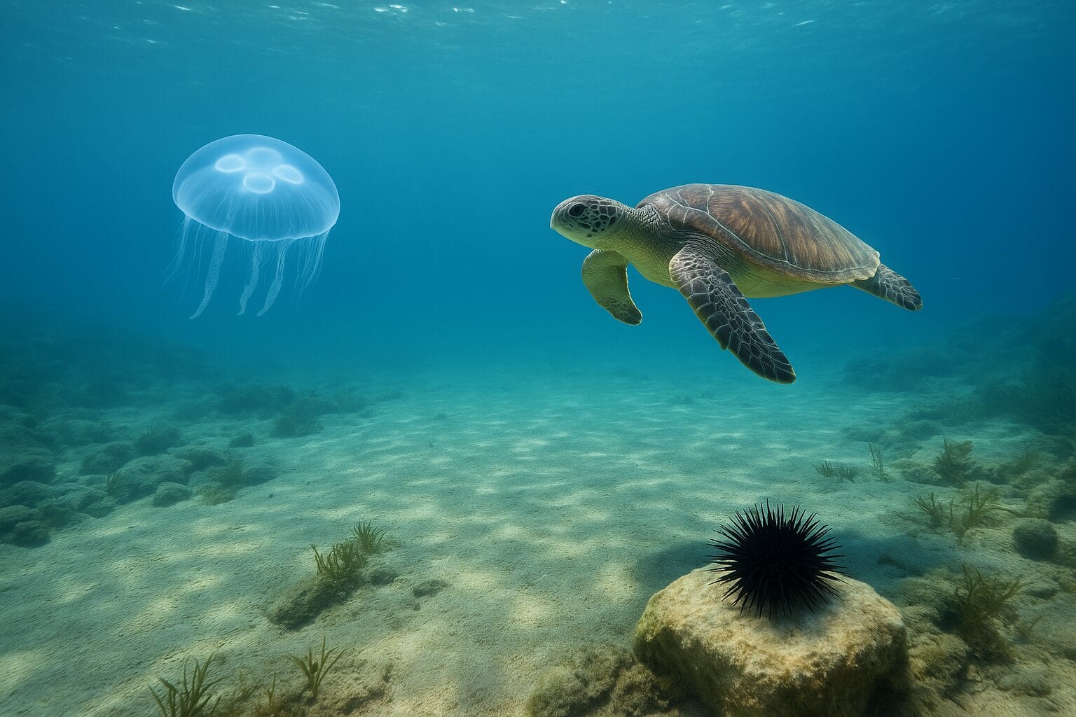 meduze i morski ježevi, ubod meduze, morski jež, Meduza, morski jež i glavata kornjača prikazani zajedno u bistrom moru, simboli ljetnih susreta u Jadranu