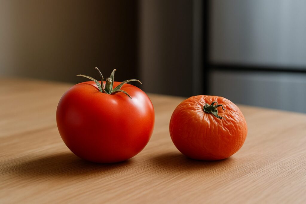 Zreo paradajz van frižidera pored izblijedjelog paradajza čuvanog na hladnom