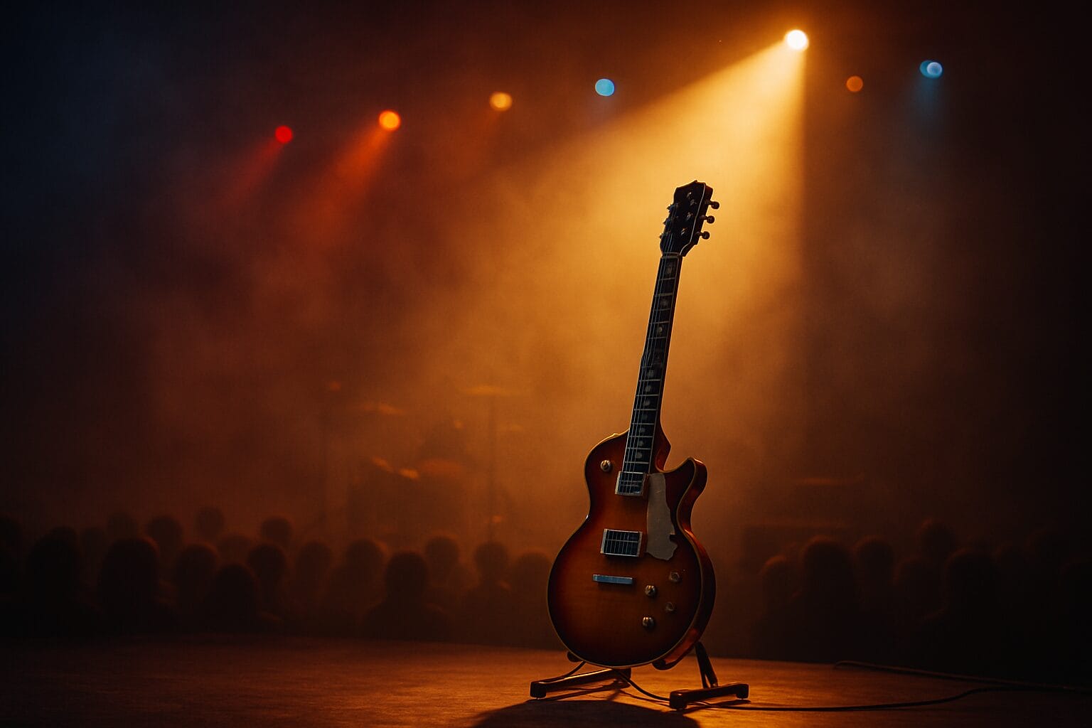 nezaboravne rock balade, Gitara u reflektoru na koncertnoj pozornici, simbol nezaboravnih rock balada koje povezuju generacije