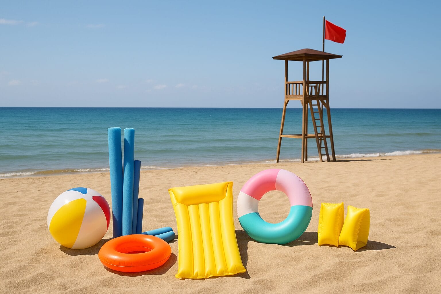 sigurno kupanje plaža Sigurno kupanje na plaži ilustrirano rekvizitima za plivanje i crvenom zastavom pored spasilačke kućice.