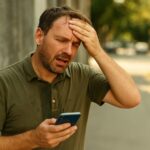 sparina i vrućina, : Čovjek u srednjim godinama briše čelo i gleda u telefon dok stoji na vrelom trotoaru