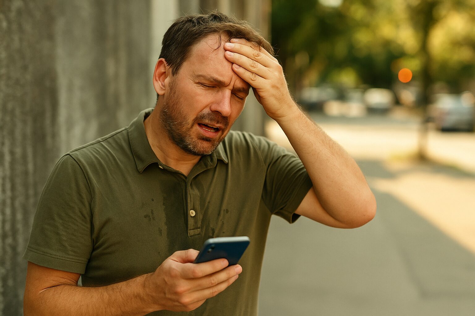 sparina naslovna sparina i vrućina, : Čovjek u srednjim godinama briše čelo i gleda u telefon dok stoji na vrelom trotoaru