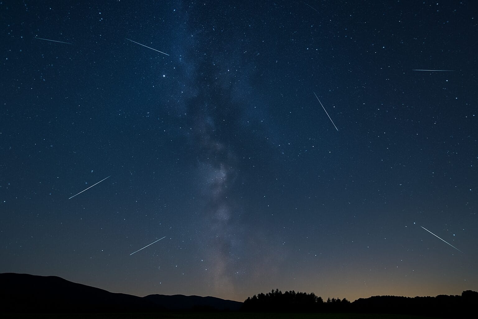 suze svetog lovre ilustracija Astronomski događaji 2025, Noćno nebo sa kišom meteora tokom Perzeida iznad mirnog pejzaža, uz vidljivu Mliječnu stazu i siluete drveća.