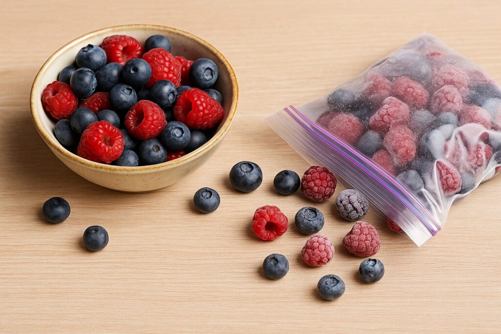 Svježe borovnice i maline u keramičkoj zdjeli pored smrznutih u plastičnoj kesi na drvenoj površini